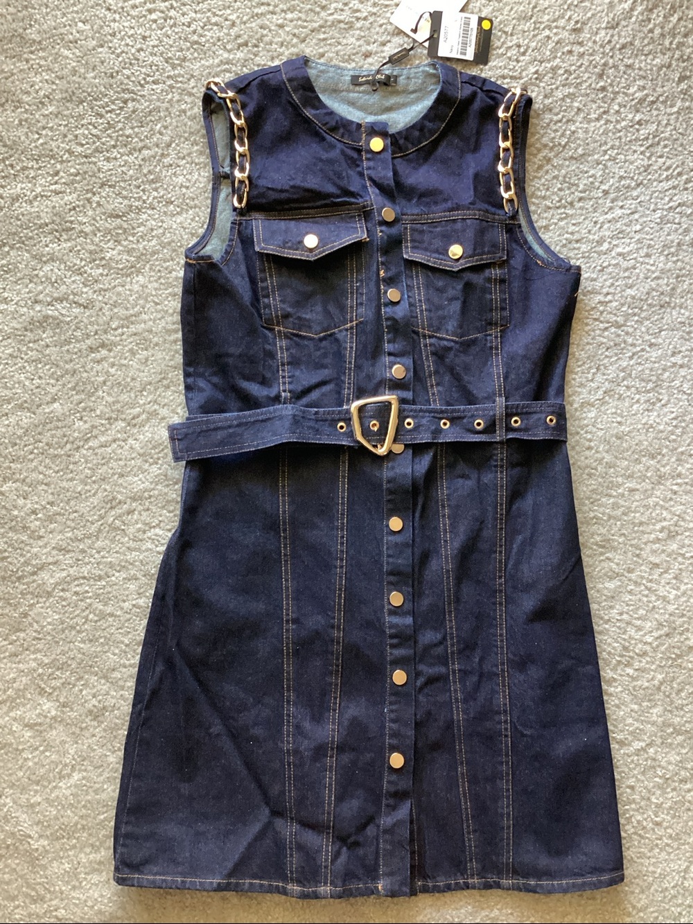 Gold-Chain Detail Navy Denim Midi Dress with Belt